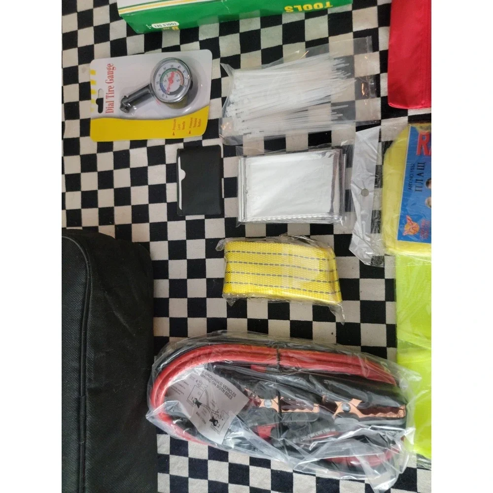 Roadside Emergency Car Kit Safety Vest Jumper Cables Tow Strap Tools Lot‎